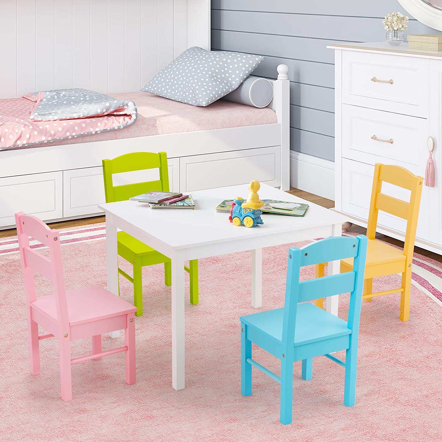 Kids Table and Chair Set, 5 Piece Wood Activity Table & Chairs for Children Arts