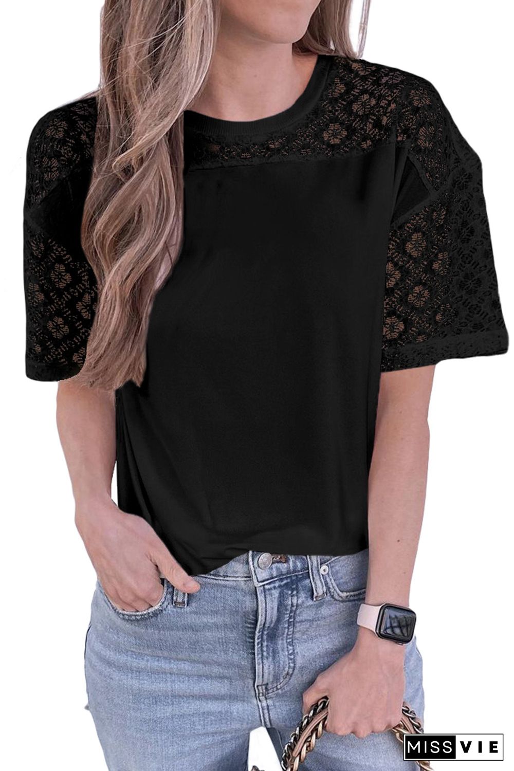 Black Plain Lace Stitching Short Sleeve Tee