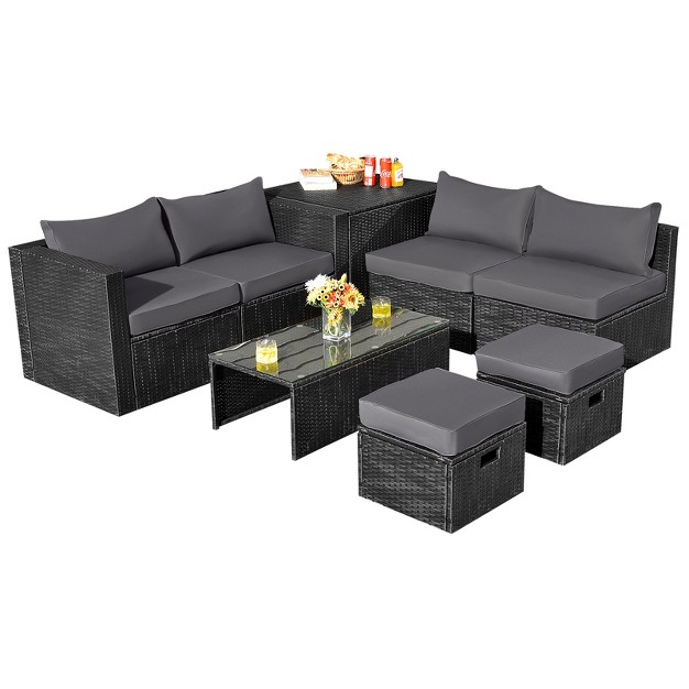 Tangkula 8pcs Patio Conversation Set Sectional Sofa Set All weather Pe Rattan Tempered Glass Table amp Washable Cushion Covers