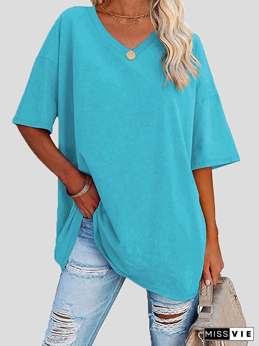 Women'S T-Shirts Casual Solid V-Neck Short Sleeve T-Shirt