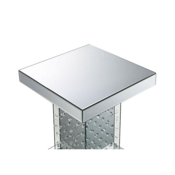 Pali 20 Inch Square Pedestal End Table， Mirrored， Faux Crystal Inlay， Silver - 16