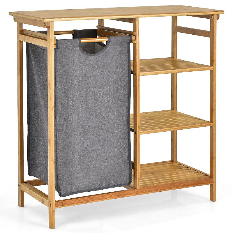 Wicker Laundry Hamper Stand with Removable Sliding Bag and 3-Tier Open Shelves