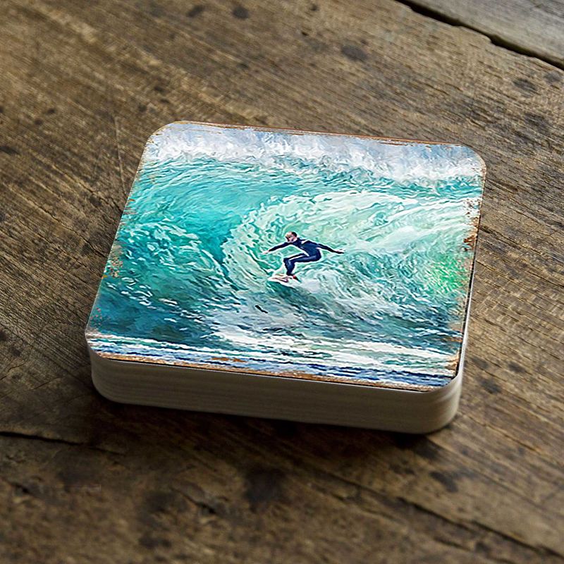 Surfer Coastal Wooden Cork Coasters Gift Set of 4 by Nature Wonders