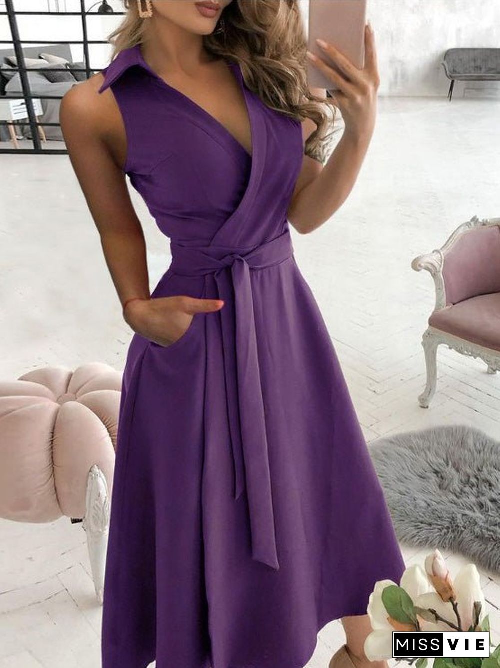 Women'S Dresses Solid V-Neck Belted Sleeveless Dress