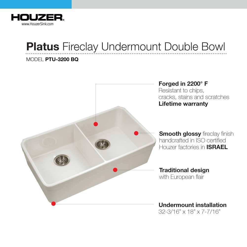 HOUZER Platus Undermount Fireclay 32 in. 5050 Double Bowl Kitchen Sink in Biscuit PTU-3200 BQ