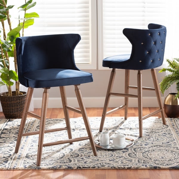 Sagira Modern Velvet Fabric and Walnut Finished 2-PC Counter Stool Set