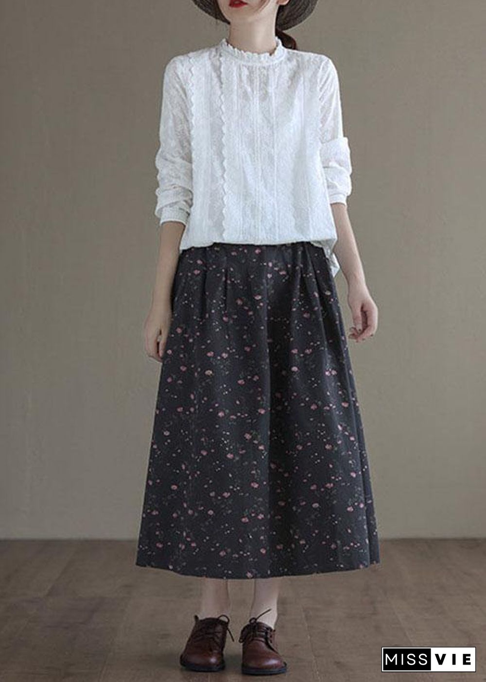 Italian Black Retro Print Summer Skirt Linen