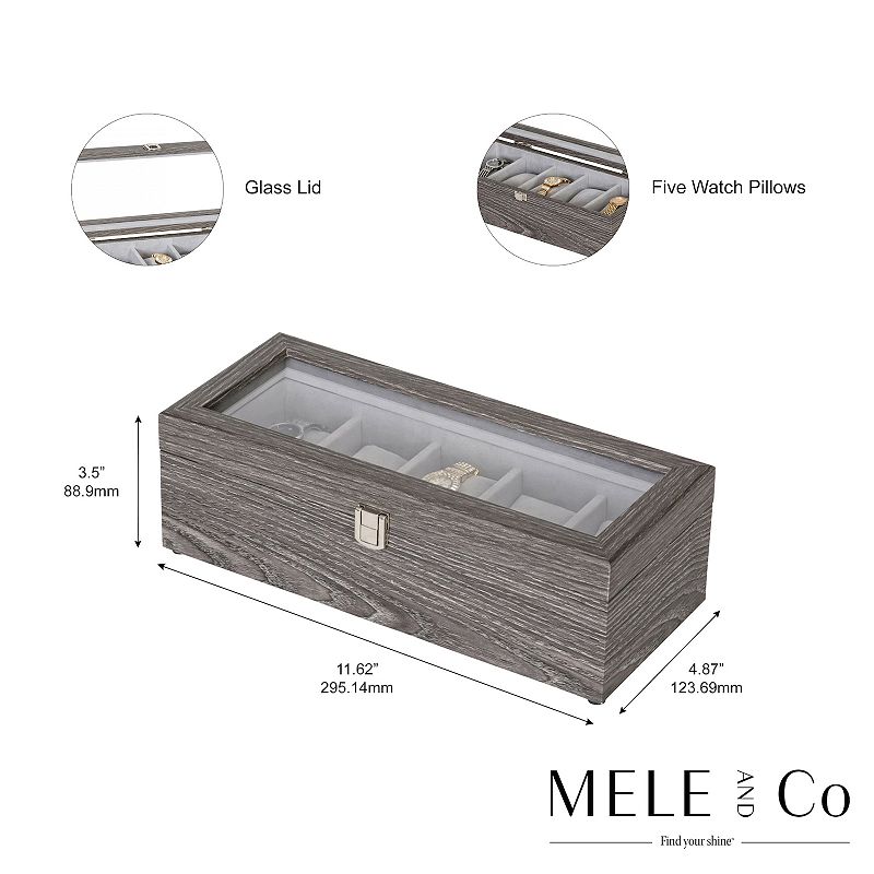 Mele and Co. Nolan Wooden Glass Top Watch Storage Box in Gray Woodgrain Finish