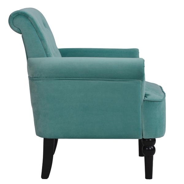 Elegant Button Tufted Club Chair Accent Armchairs Roll Arm Living Room Cushion with Wooden Legs， Teal Velvet