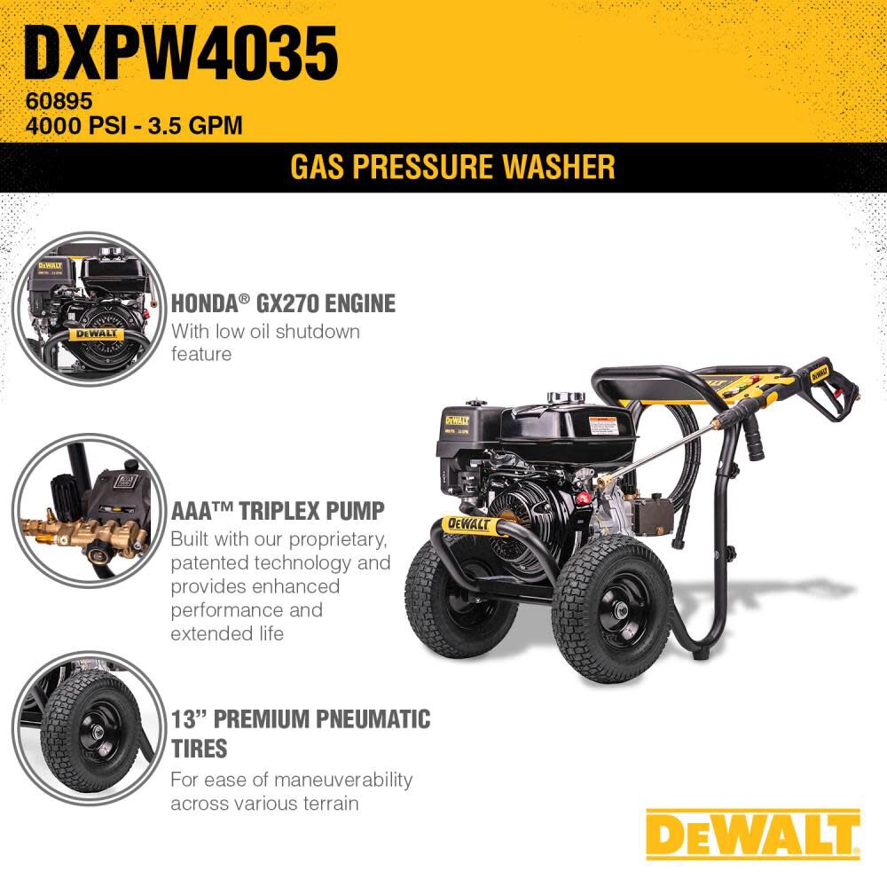 DW Professional Gas Pressure Washer 4000 PSI at 35 GPM HONDA with AAA Triplex Plunger Pump Cold Water 49 State DXPW4035 from DW