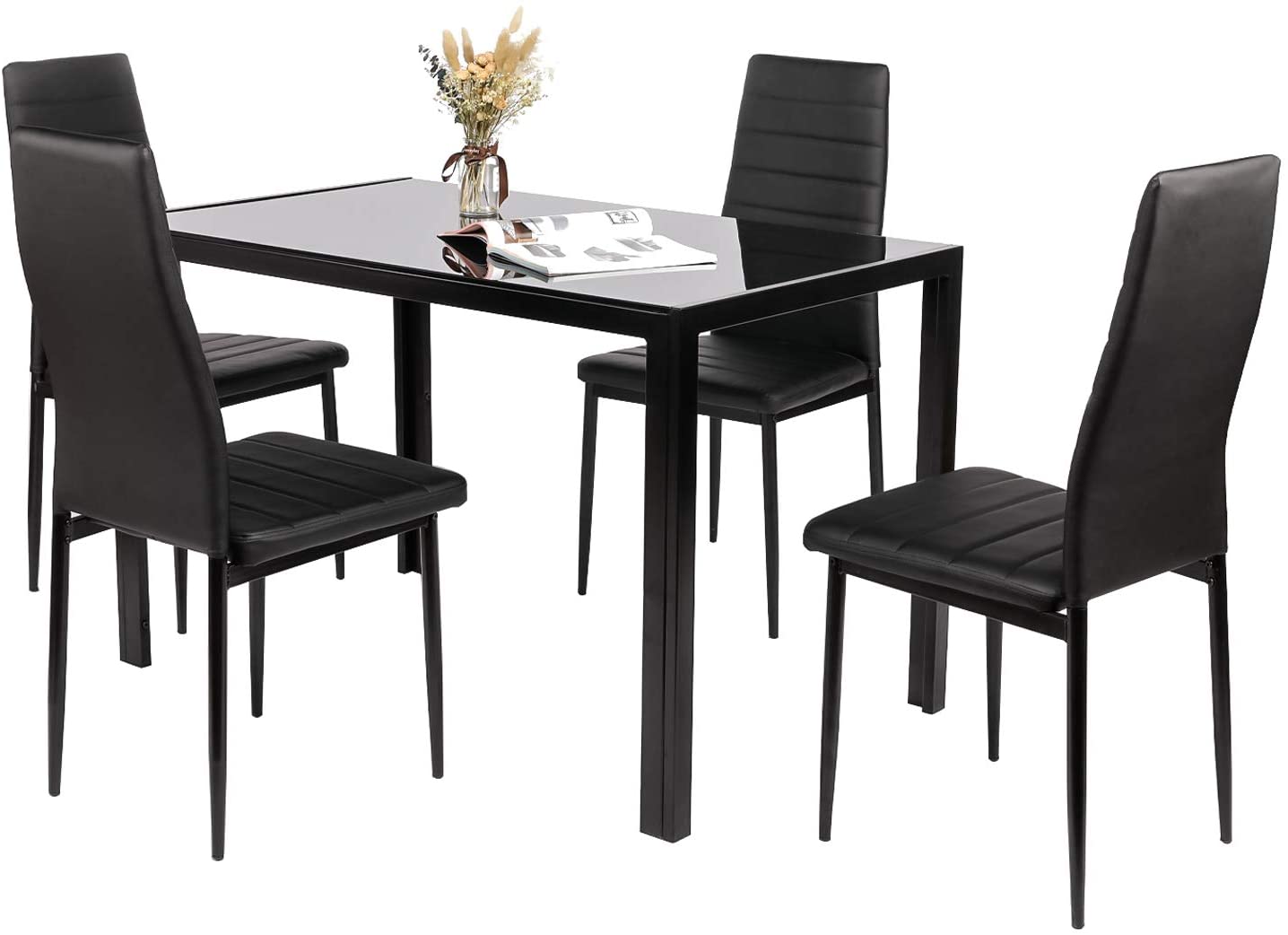 Arlopu 5-Piece Dining Table Set for 4, Tempered Glass Tabletop and 4 Faux Leather Chairs, for Kitchen, Dining Room