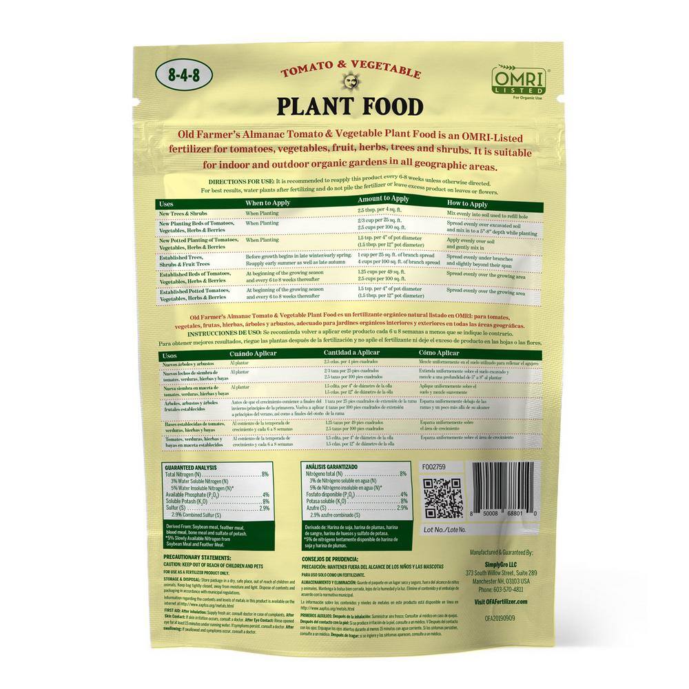 SIMPLYGRO Old Farmer's Almanac 2.25 lbs. Organic Tomato and Vegetable Plant Food Fertilizer Covers 250 sq. ft. OFA-TV848