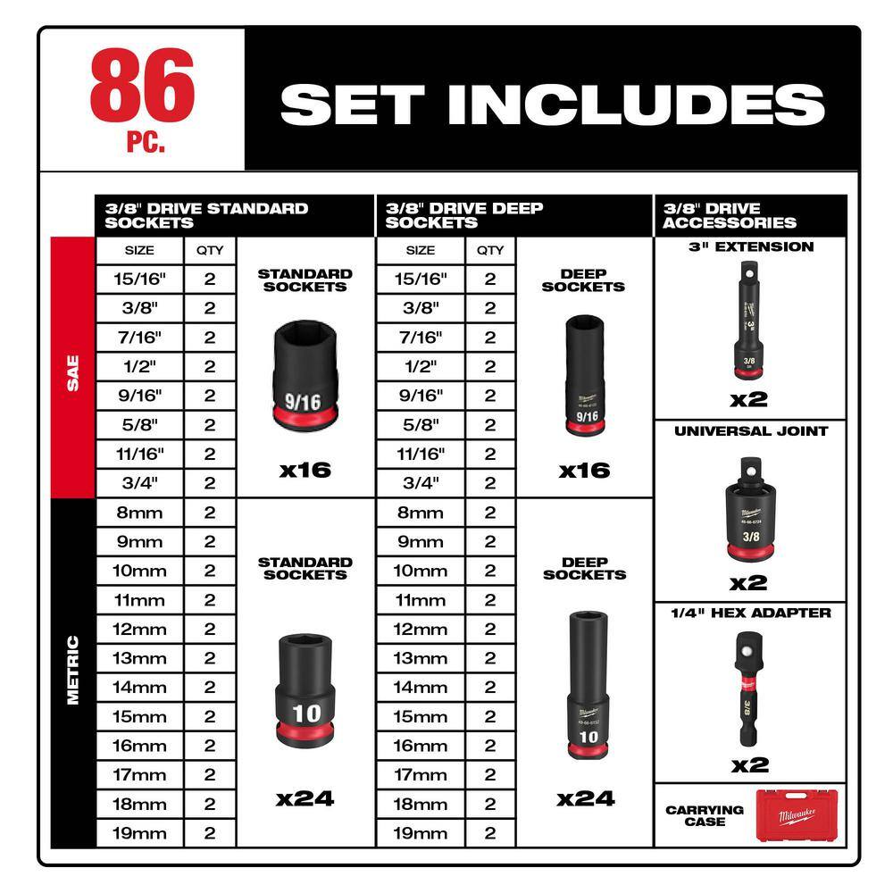 MW SHOCKWAVE 38 in. Drive SAE and Metric 6 Point Impact Socket Set (86-Piece) 49-66-7009-49-66-7009