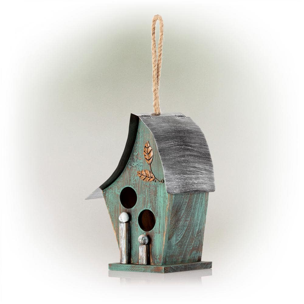 Alpine Corporation 12 in. Tall Outdoor Hanging Wooden Birdhouse, Turquoise YEN134HH-TUR