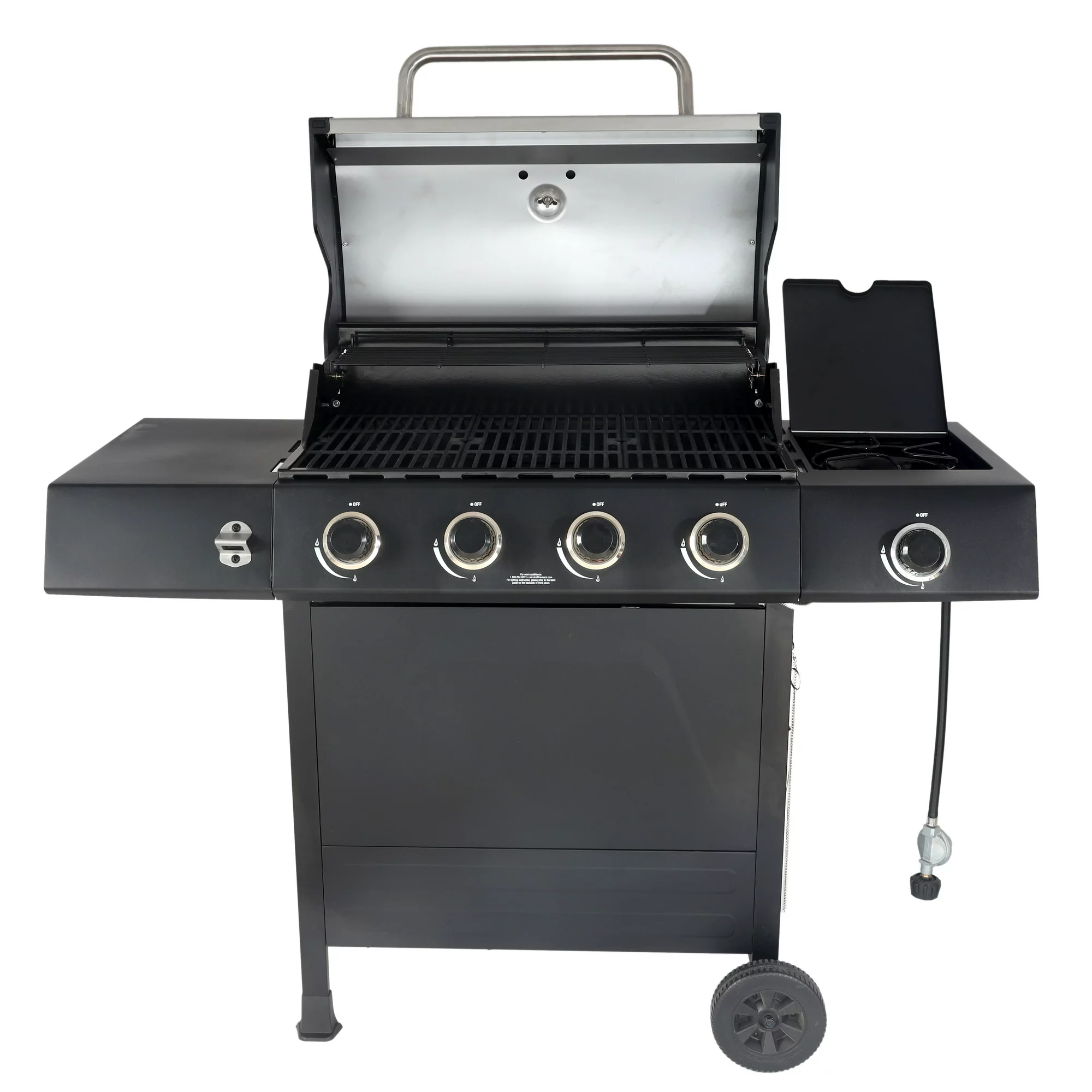 RevoAce 4-Burner Propane Gas Grill with Side Burner， Stainless Steel and Black