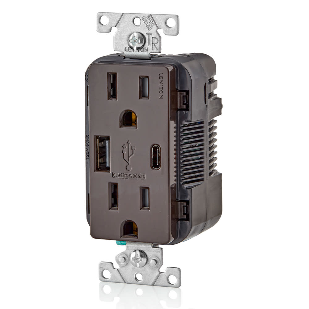 Leviton Outlet with USB Type A/C Charger 15A 125V 5-15R Brown