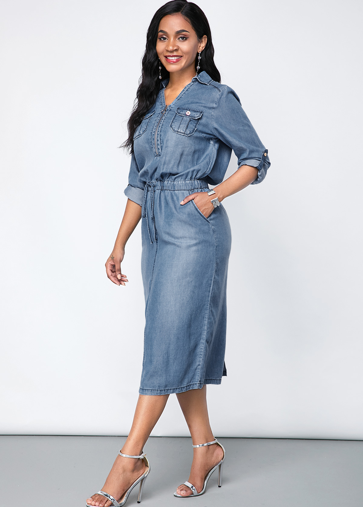 Denim Chest Pocket Turndown Collar Dress