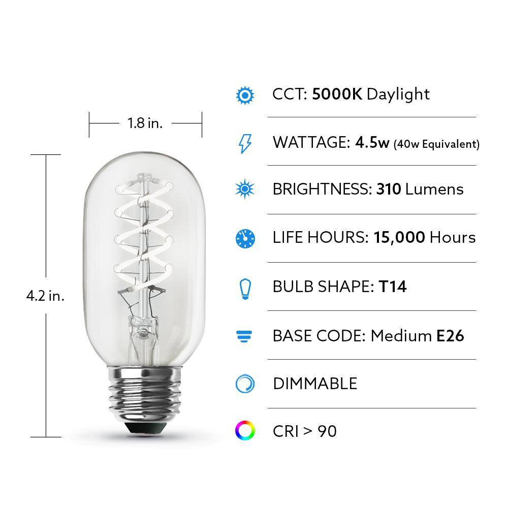 Feit Electric 40-Watt Equivalent T14 Dimmable Spiral Filament Clear Glass E26 Vintage Edison LED Light Bulb Daylight T1440SCL950CAHDRP