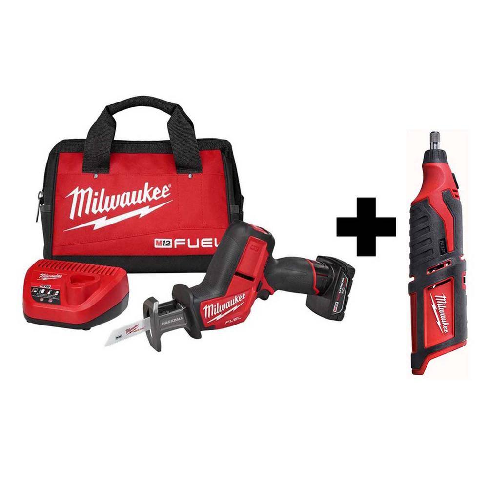 MW M12 FUEL 12V Lithium-Ion Brushless Cordless HACKZALL Reciprocating Saw Kit with M12 Rotary Tool 2520-21XC-2460-20