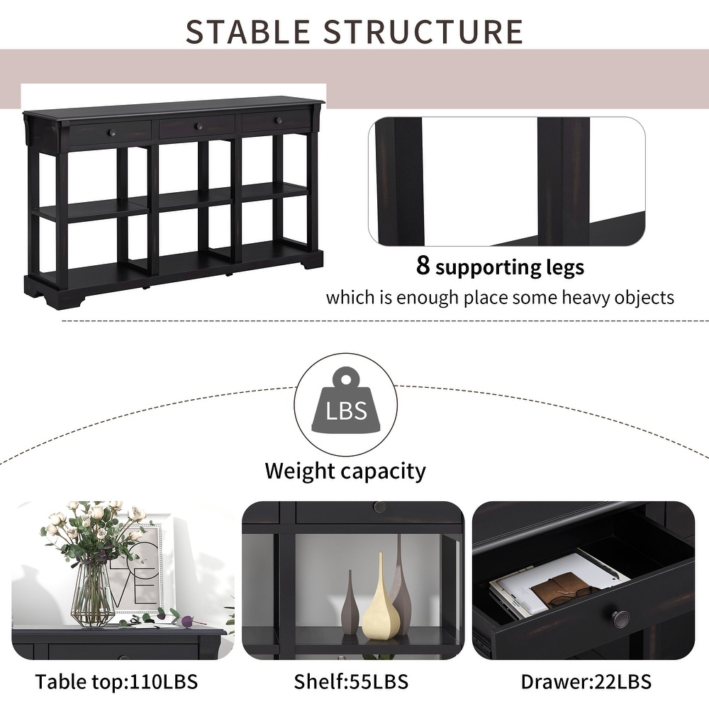 Retro Console Table/Sideboard with Ample Storage  Open Shelves Solid Wooden Frame and 3 Drawers for Living Room  Easy Assembly