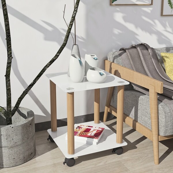 1Piece White+Oak Side Table ，2Tier Space End Table ，Modern Night Stand，Sofa table，Side Table with Storage Shelve