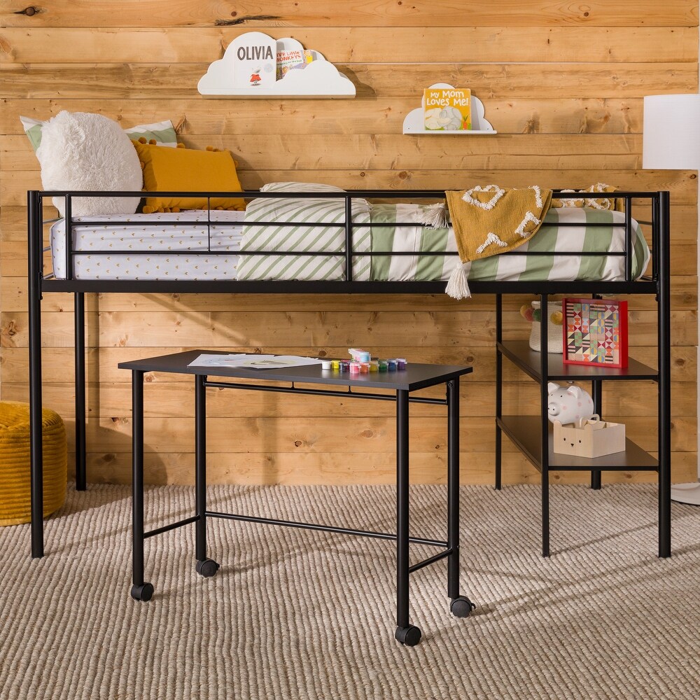 Middlebrook Abner Black Twin Low Loft Bed with Desk and Shelves