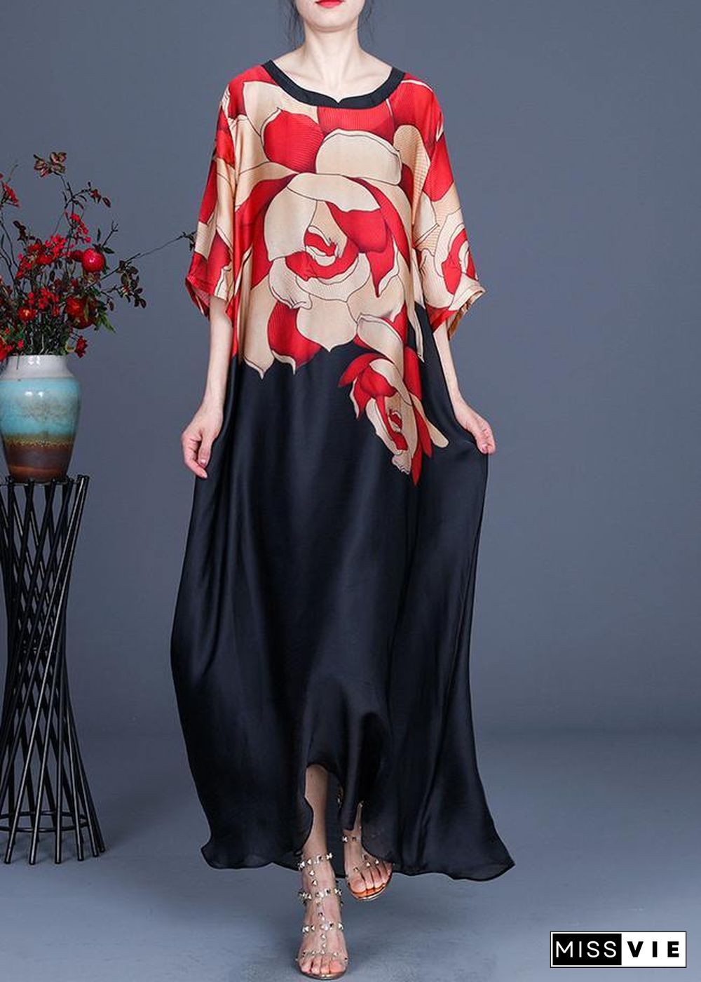 Plus Size Red Print O-Neck Chiffon Summer Dress