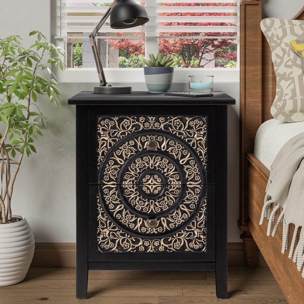 COZAYH Farmhouse Fully Assembled Nightstand with 2 Drawer  Flower Motif End Table for Small Spaces  French Country