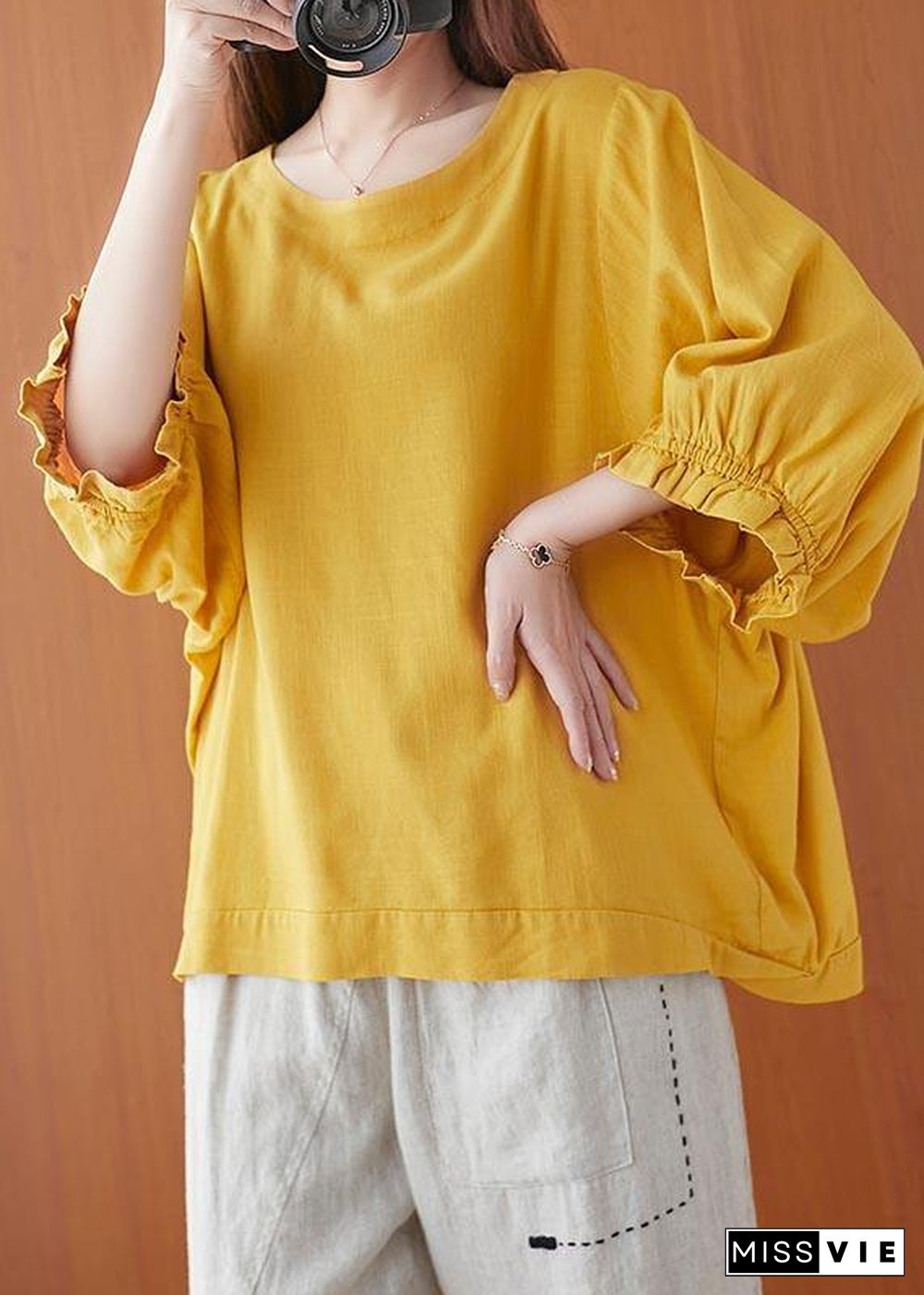 Women Yellow Ruffled Cotton Summer Shirt Top