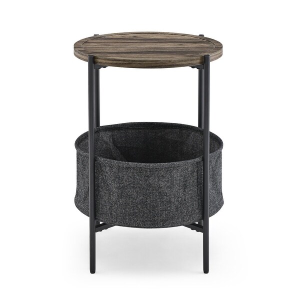 Modern Accent End Table with Storage Basket，Grey Cloth Bag and Brown Top （18