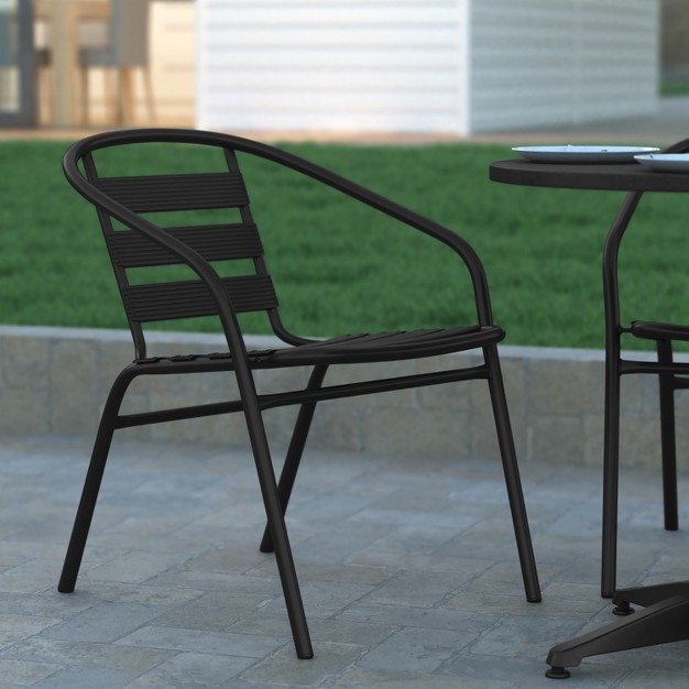 Emma And Oliver Metal Dining Chair With Triple Slatted Back And Armrests For Indoor And Outdoor Use