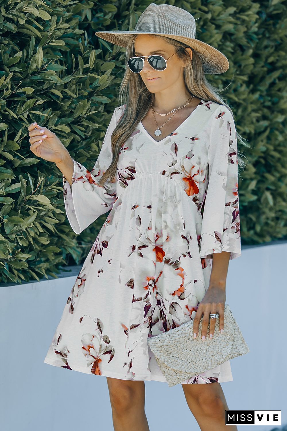 White V Neck 3/4 Sleeve Floral Dress