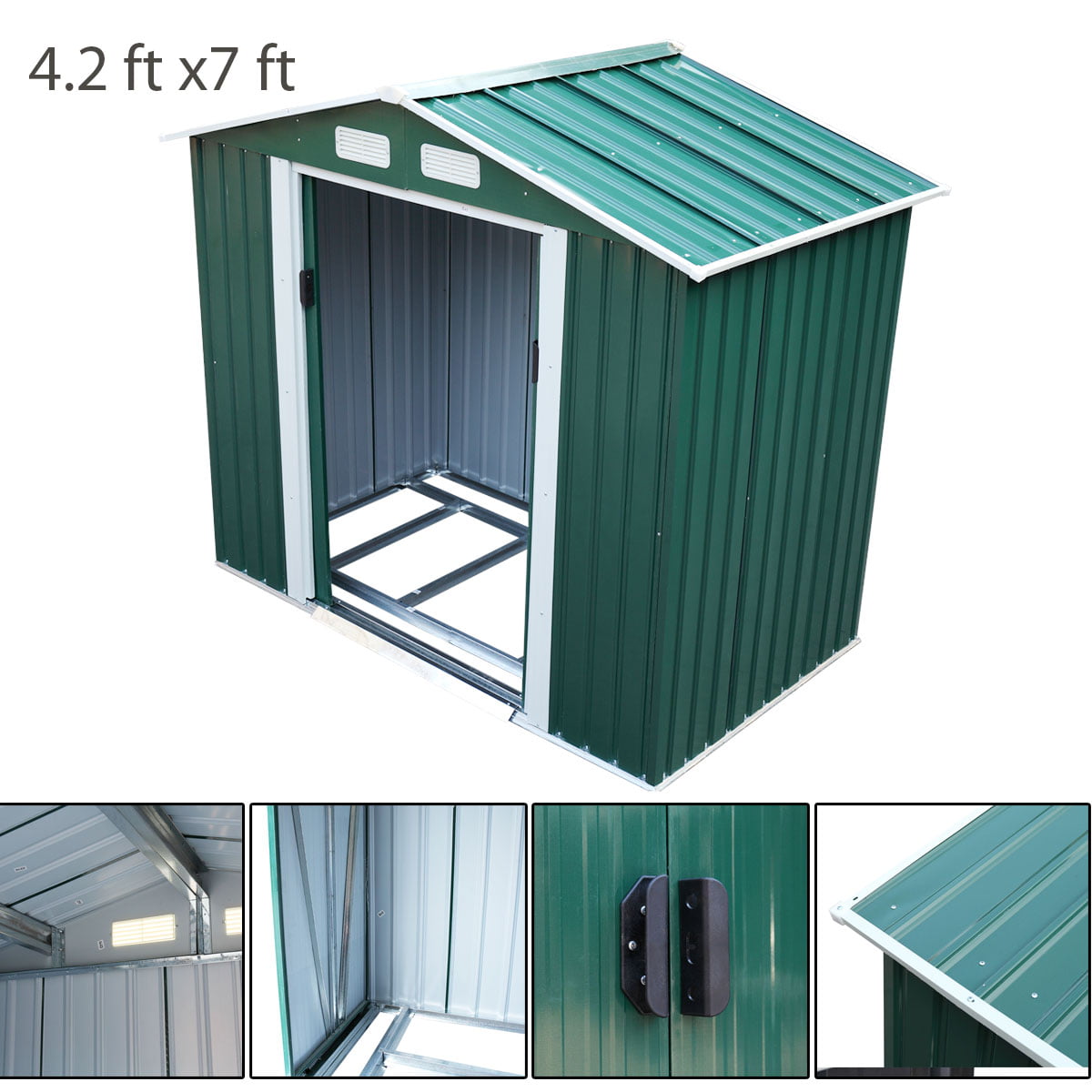 Jaxpety 7' x 4' Large Outdoor Steel Storage Shed with 4 Vents,Double Sliding Door, Stable Base, Green