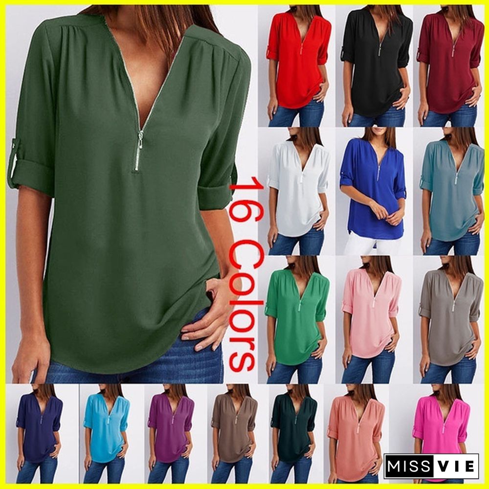 Plus Size Women's Fashion Chiffon Shirt V-neck Long Sleeve Loose Tops Zipper T-Shirt( S-4XL)