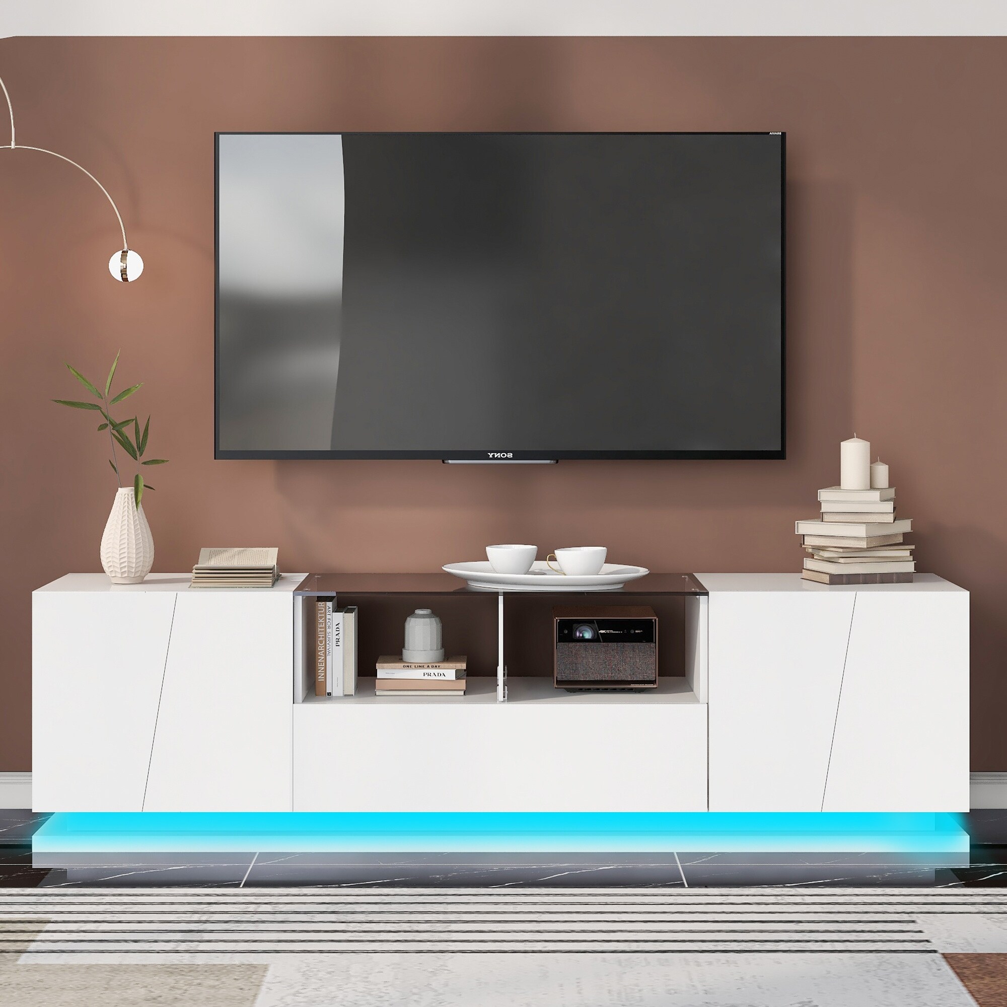 Tempered Glass TV Stand with Sorage and LED Color Changing Lights