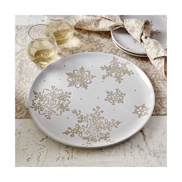 Winter Gold Snowflake Accented 14 inch Round White Dolomite Serving Platter