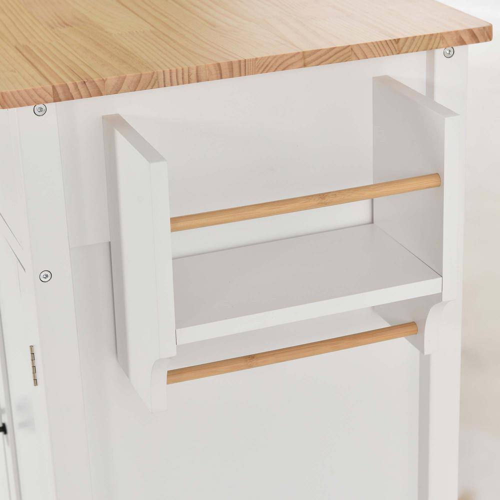 Whatseaso 54.3 in. Spice Rack Towel Rack White Kitchen Island with Solid Wood Top and Locking Wheels 4-Door Cabinet and 2-Drawers LNN-K110502013