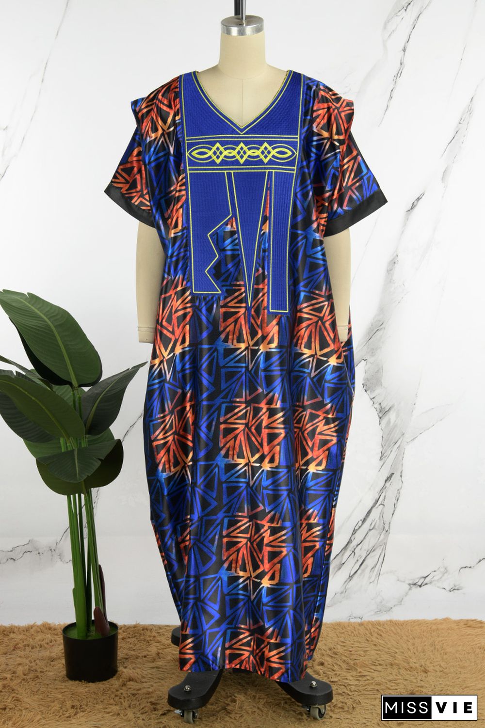 Blue Casual Print Patchwork V Neck Long Dress Plus Size Dresses