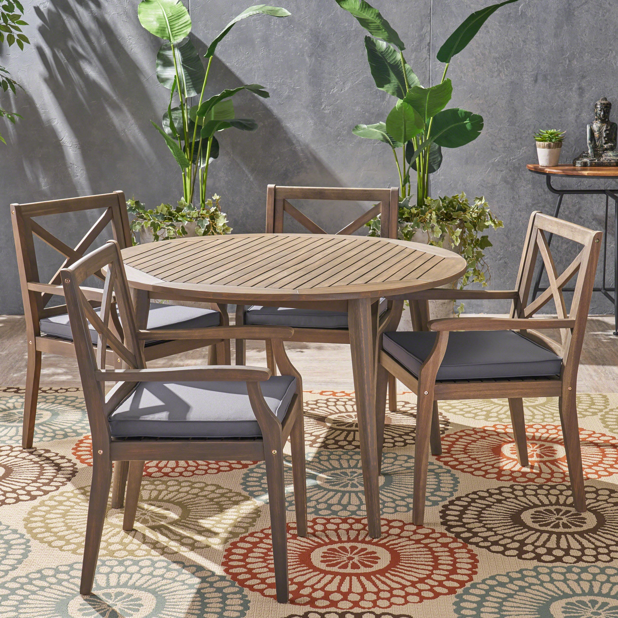 Jenson Outdoor 5 Piece Acacia Wood Dining Set with Cushions