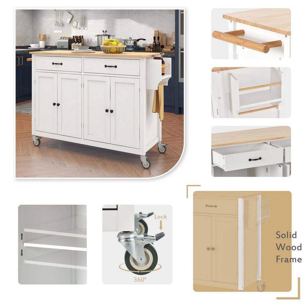 54.3 in. L x 18.5 in. W x 36.22 in. H White Kitchen Island Cart with Solid Wood Top and Locking Wheels WFAAW286wy