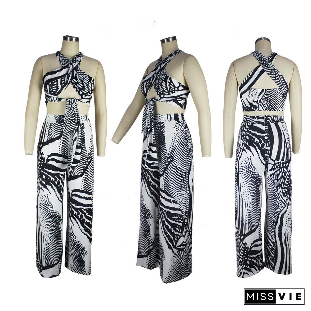 Hot Style Print Lace-up Chest Wrap Wide-leg Pants 2 Piece Set