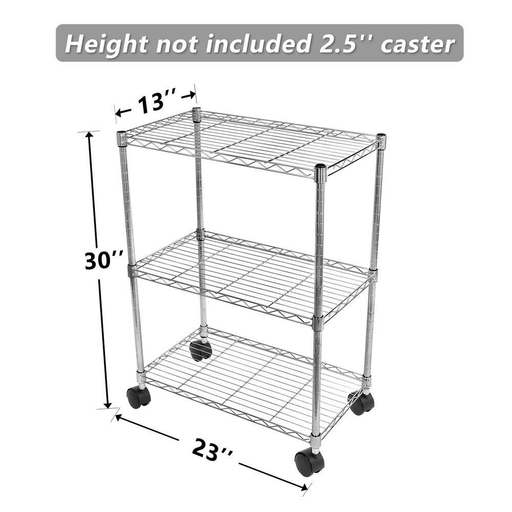 Amucolo Silver 3-Tier Steel Adjustable Wire Shelving Unit with wheels (23 in. W x 33 in. H x 13 in. D) DHS-CYHK-3CPC