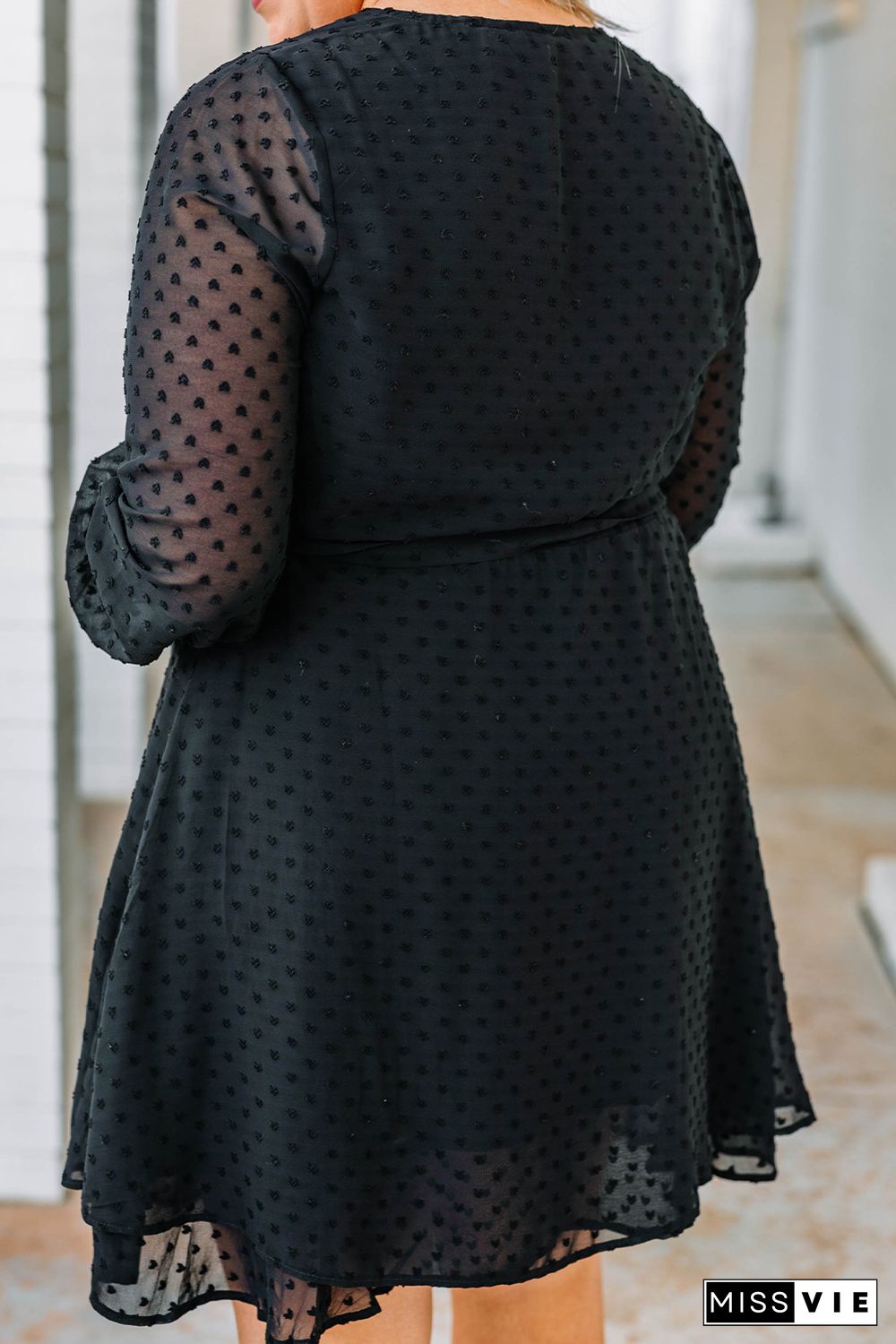 Black Plus Size Swiss Dot V Neck Wrap Long Sleeve Dress