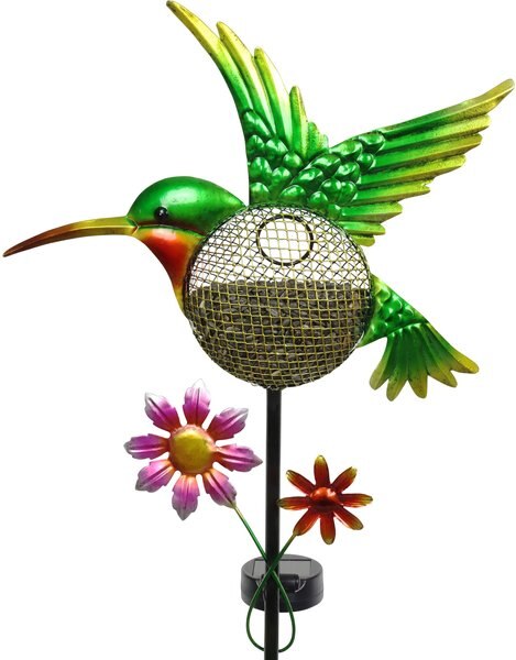 Exhart Solar Hand Painted Hummingbird Metal Mesh Pellet Bird Feeder Garden Stake