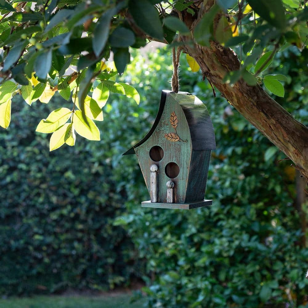 Alpine Corporation 12 in. Tall Outdoor Hanging Wooden Birdhouse, Turquoise YEN134HH-TUR