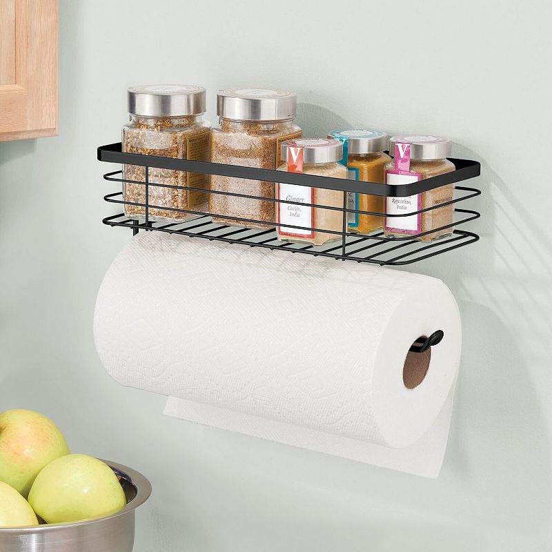 mDesign Metal Wall Mount Paper Towel Holder and Spice Rack Shelf