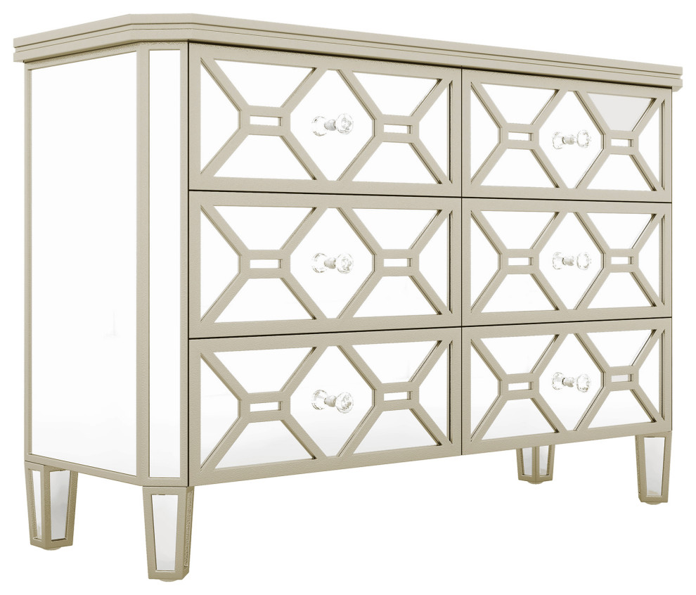 Gewnee Elegant Mirrored 6 Drawer Dresser With Golden Lines Storage Cabinet   Modern   Console Tables   by GEWNEE INC  Houzz