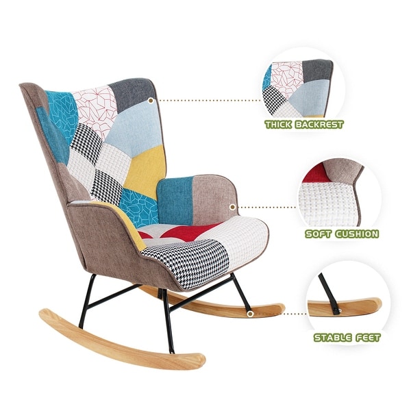 Fabric Rocker Chair with Wood Legs and Patchwork Linen