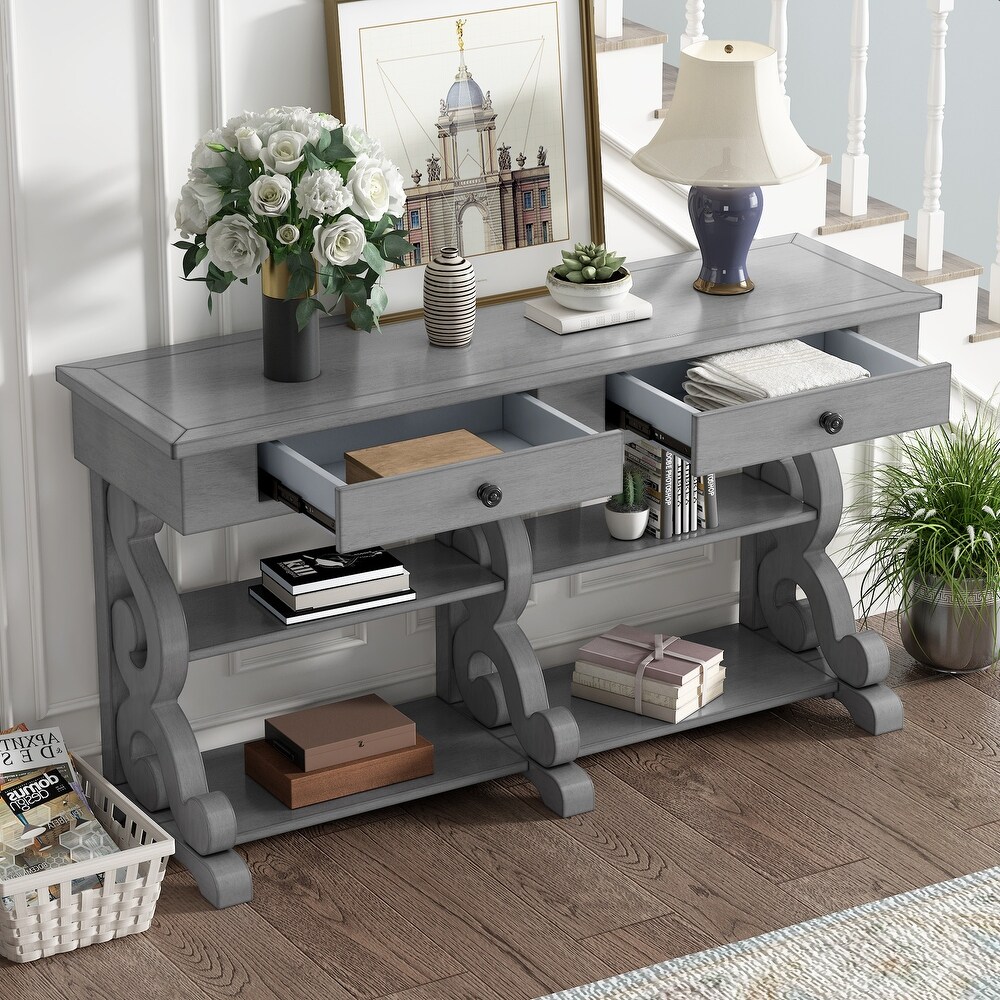 Storage Console Table with Open Shelves and Drawers for Entrance and Living Room