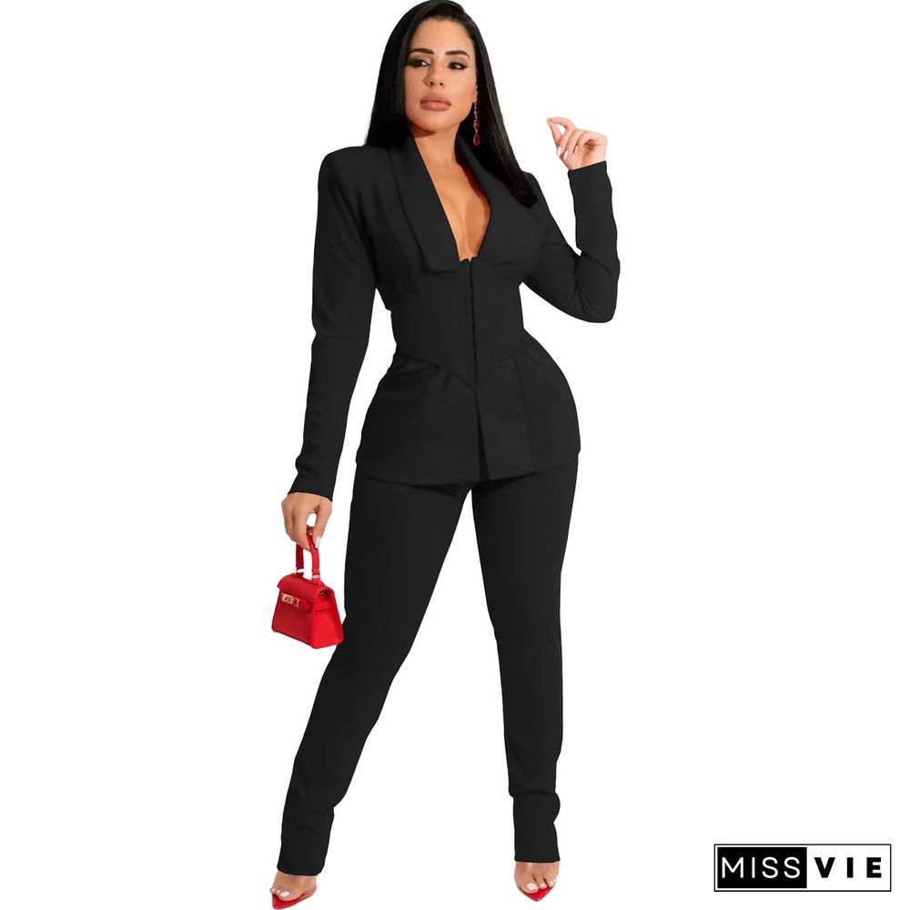 Solid Blazers with Girdle Corset and Pants Suit